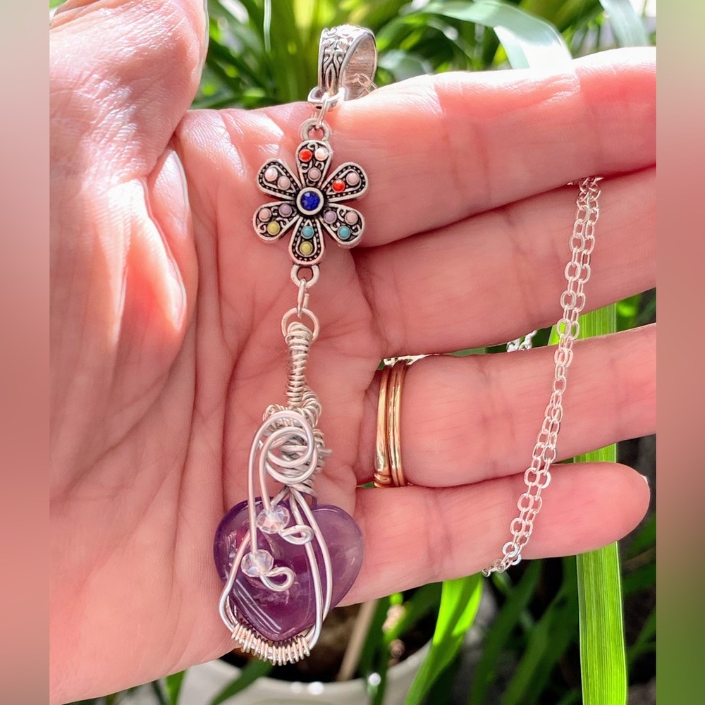 Amethyst heart wirewrapped pendant necklace